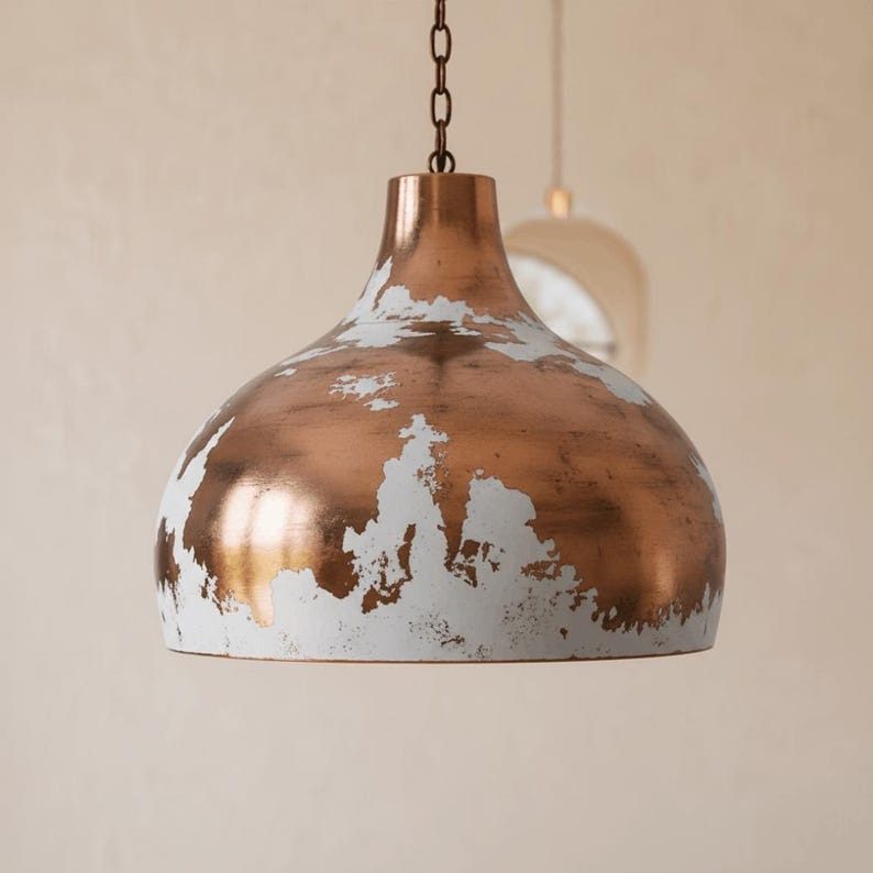 Handmade Moroccan Brass Pendant Light – Distressed White & Copper Finish Dome Ceiling Lamp, Rustic Industrial Kitchen Island Lighting