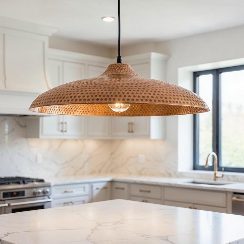 Wide Perforated Hammered Copper Saucer Pendant Light, Handmade Moroccan Copper Kitchen Island Chandelier, Rustic Boho Farmhouse Dining Room Ceiling Light Fixture