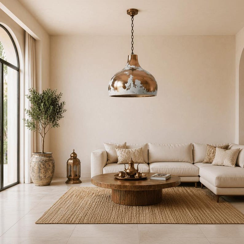 Handmade Moroccan Brass Pendant Light – Distressed White & Copper Finish Dome Ceiling Lamp, Rustic Industrial Kitchen Island Lighting