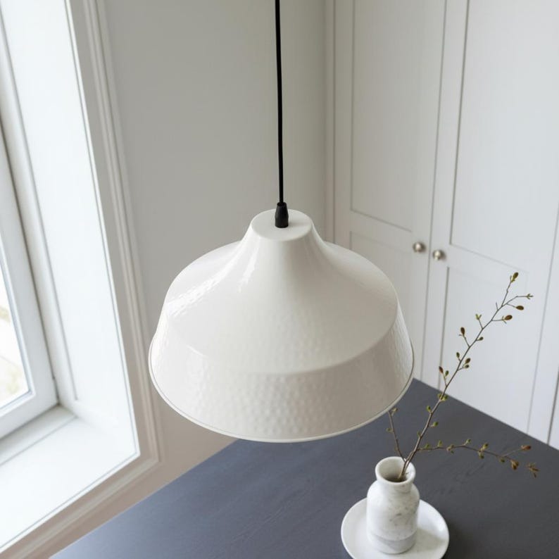 White Hammered Brass Pendant Light – Modern Cone Kitchen Island Chandelier with Copper Interior