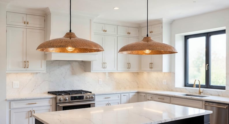 Wide Perforated Hammered Copper Saucer Pendant Light, Handmade Moroccan Copper Kitchen Island Chandelier, Rustic Boho Farmhouse Dining Room Ceiling Light Fixture
