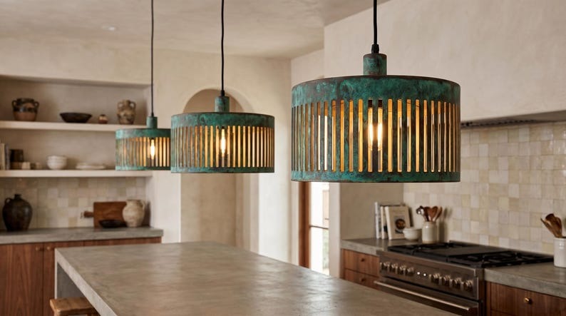 Handmade Moroccan Brass Drum Pendant Light – Green Verdigris Slatted Ceiling Lamp with Gold Interior, Modern Kitchen Island Fixture