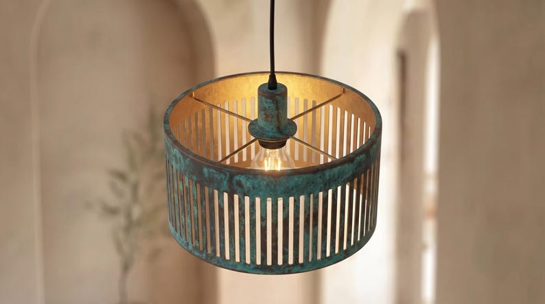 Handmade Moroccan Brass Drum Pendant Light – Green Verdigris Slatted Ceiling Lamp with Gold Interior, Modern Kitchen Island Fixture
