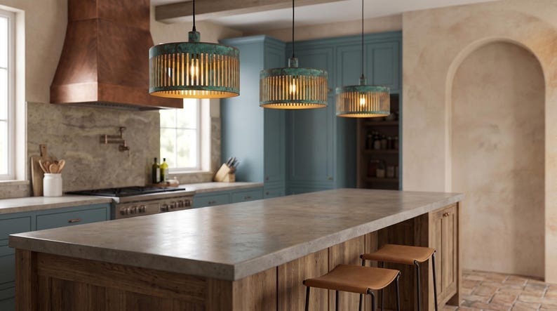 Handmade Moroccan Brass Drum Pendant Light – Green Verdigris Slatted Ceiling Lamp with Gold Interior, Modern Kitchen Island Fixture