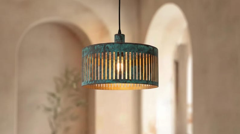 Handmade Moroccan Brass Drum Pendant Light – Green Verdigris Slatted Ceiling Lamp with Gold Interior, Modern Kitchen Island Fixture