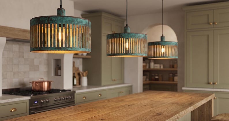 Handmade Moroccan Brass Drum Pendant Light – Green Verdigris Slatted Ceiling Lamp with Gold Interior, Modern Kitchen Island Fixture