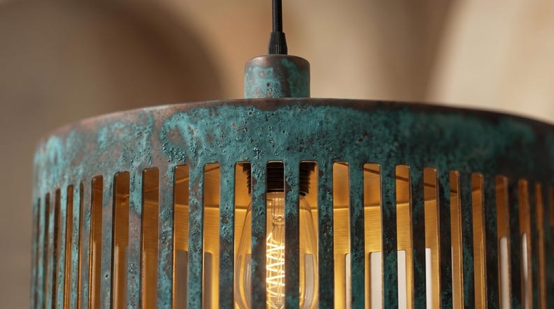 Handmade Moroccan Brass Drum Pendant Light – Green Verdigris Slatted Ceiling Lamp with Gold Interior, Modern Kitchen Island Fixture