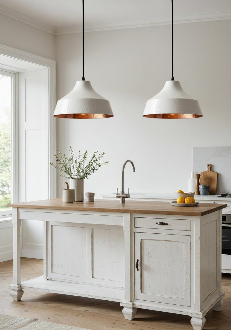 White Hammered Brass Pendant Light – Modern Cone Kitchen Island Chandelier with Copper Interior