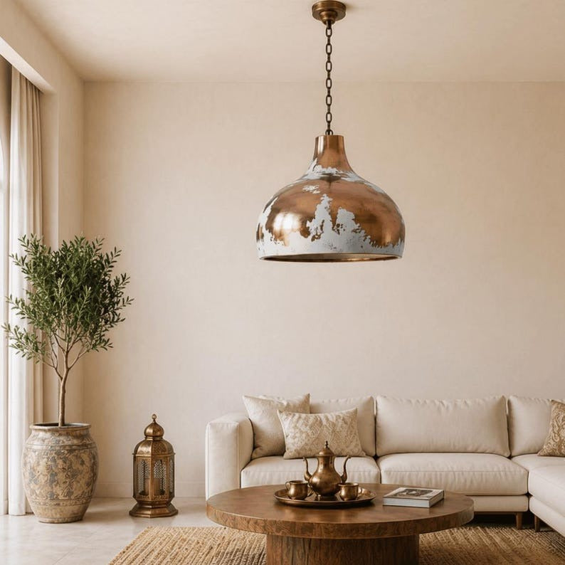 Handmade Moroccan Brass Pendant Light – Distressed White & Copper Finish Dome Ceiling Lamp, Rustic Industrial Kitchen Island Lighting