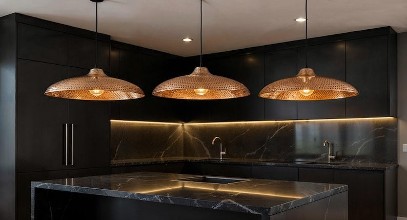 Wide Perforated Hammered Copper Saucer Pendant Light, Handmade Moroccan Copper Kitchen Island Chandelier, Rustic Boho Farmhouse Dining Room Ceiling Light Fixture