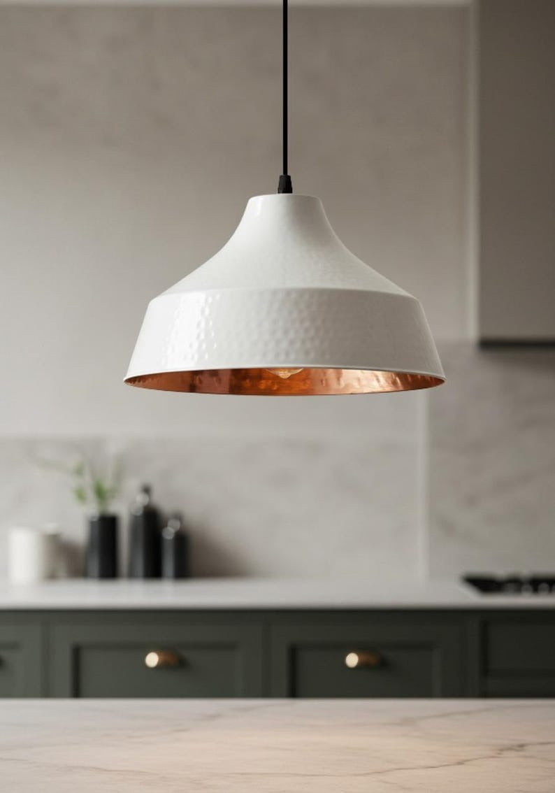 White Hammered Brass Pendant Light – Modern Cone Kitchen Island Chandelier with Copper Interior