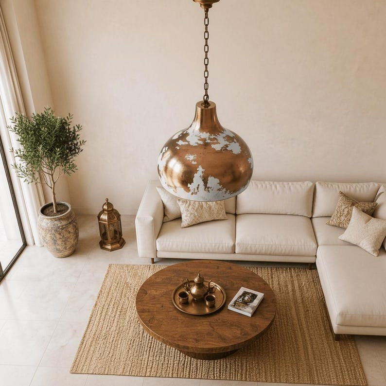 Handmade Moroccan Brass Pendant Light – Distressed White & Copper Finish Dome Ceiling Lamp, Rustic Industrial Kitchen Island Lighting