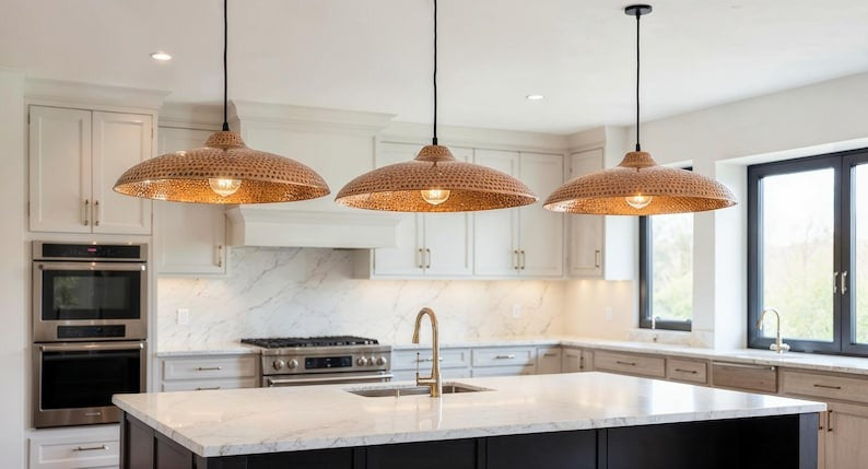 Wide Perforated Hammered Copper Saucer Pendant Light, Handmade Moroccan Copper Kitchen Island Chandelier, Rustic Boho Farmhouse Dining Room Ceiling Light Fixture
