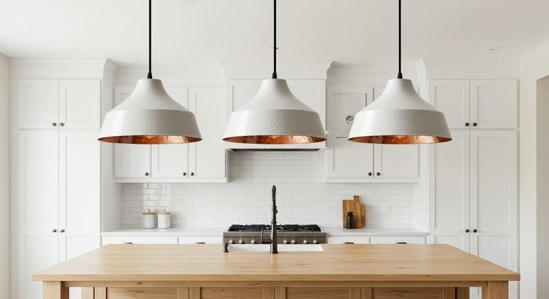 White Hammered Brass Pendant Light – Modern Cone Kitchen Island Chandelier with Copper Interior