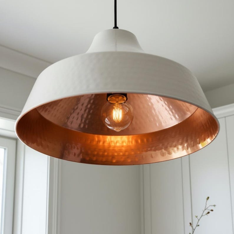 White Hammered Brass Pendant Light – Modern Cone Kitchen Island Chandelier with Copper Interior