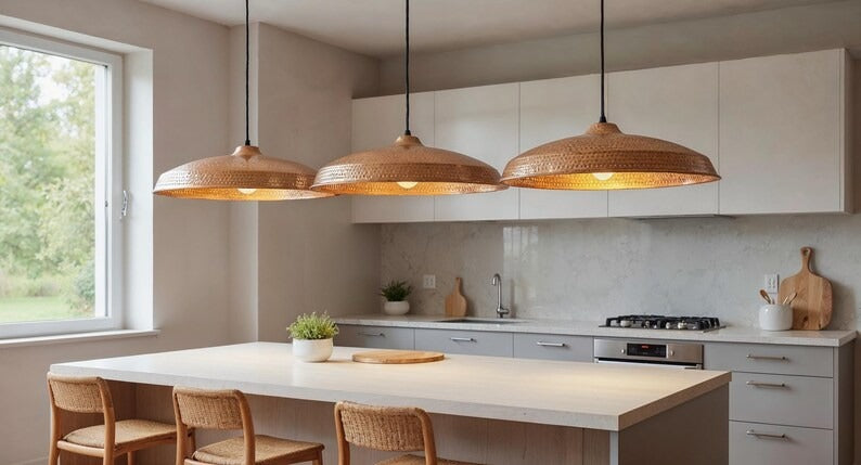 Wide Perforated Hammered Copper Saucer Pendant Light, Handmade Moroccan Copper Kitchen Island Chandelier, Rustic Boho Farmhouse Dining Room Ceiling Light Fixture
