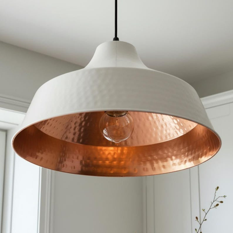White Hammered Brass Pendant Light – Modern Cone Kitchen Island Chandelier with Copper Interior