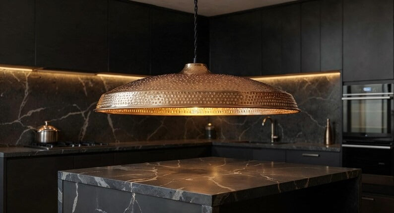 Wide Perforated Hammered Copper Saucer Pendant Light, Handmade Moroccan Copper Kitchen Island Chandelier, Rustic Boho Farmhouse Dining Room Ceiling Light Fixture