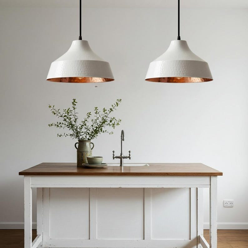 White Hammered Brass Pendant Light – Modern Cone Kitchen Island Chandelier with Copper Interior