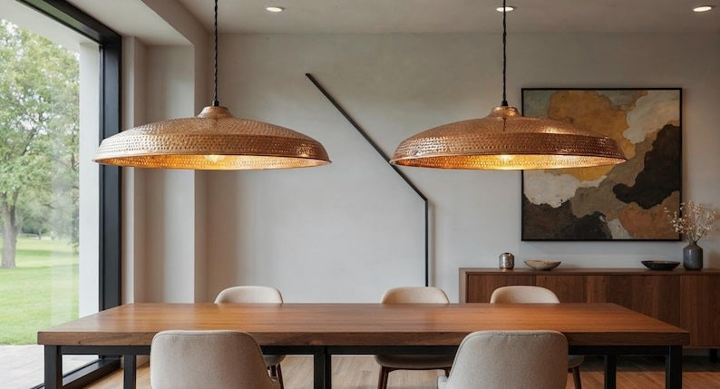 Wide Perforated Hammered Copper Saucer Pendant Light, Handmade Moroccan Copper Kitchen Island Chandelier, Rustic Boho Farmhouse Dining Room Ceiling Light Fixture