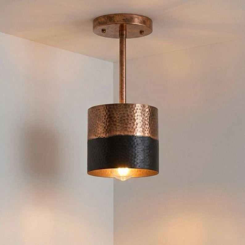 Set of 2 Handmade Moroccan Brass Pendant Lights – Hammered Copper & Black Cylinder Ceiling Lamps, Kitchen Island & Dining Room Lighting