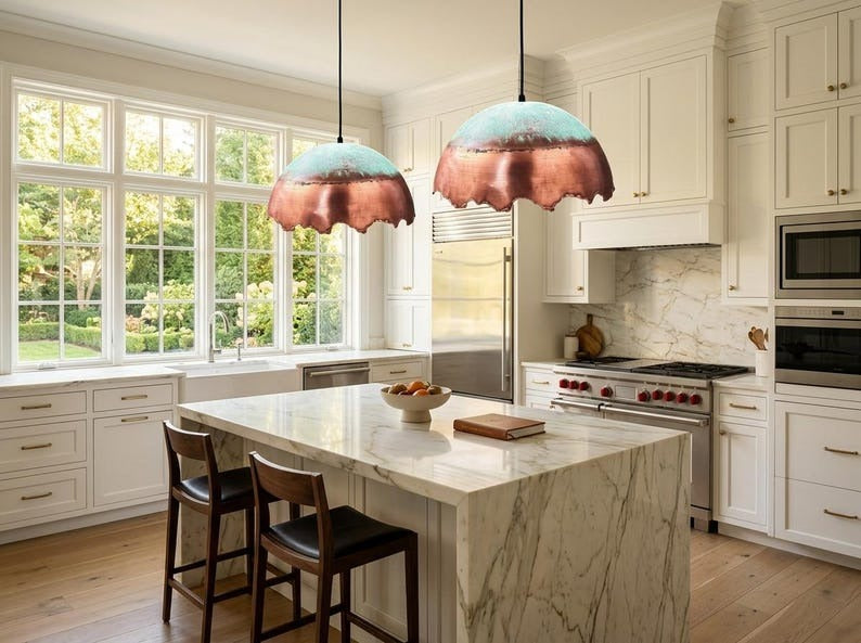 Verdigris & Copper Brass Dome Pendant Light – Handcrafted Moroccan Scalloped Kitchen Island Chandelier