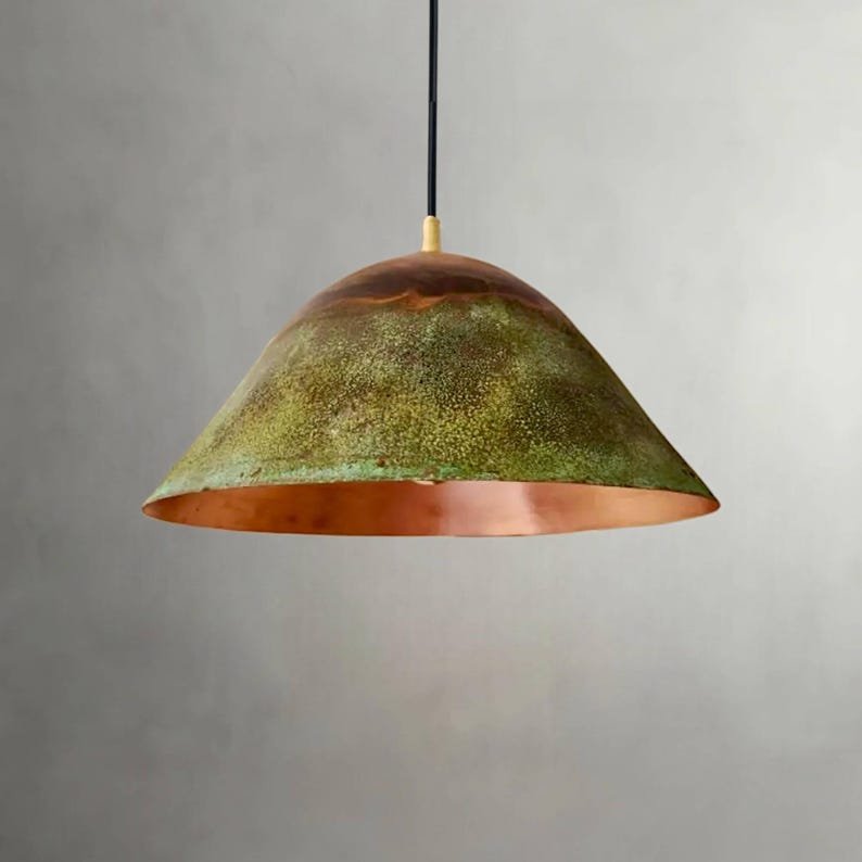 Large Green Patina Copper Pendant Light, Handmade Moroccan Copper Cone Dome Chandelier, Rustic Verdigris Kitchen Island Hanging Lamp, Boho Farmhouse Copper Ceiling Light