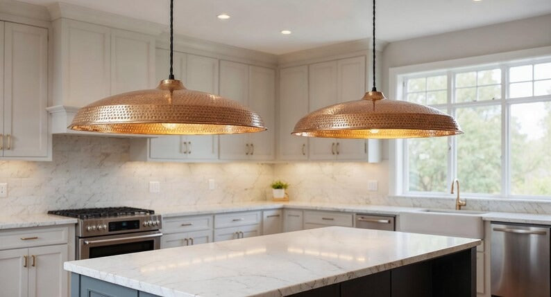 Wide Perforated Hammered Copper Saucer Pendant Light, Handmade Moroccan Copper Kitchen Island Chandelier, Rustic Boho Farmhouse Dining Room Ceiling Light Fixture
