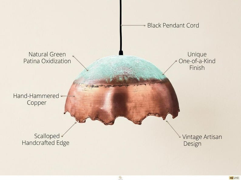 Verdigris & Copper Brass Dome Pendant Light – Handcrafted Moroccan Scalloped Kitchen Island Chandelier