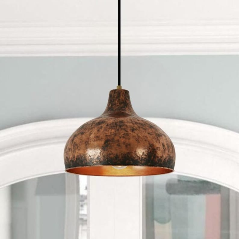 Handmade Aged Brass Pendant Light – Moroccan Rustic Copper Patina Dome Hanging Lamp for Kitchen Island, Dining Room & Boho Home Décor