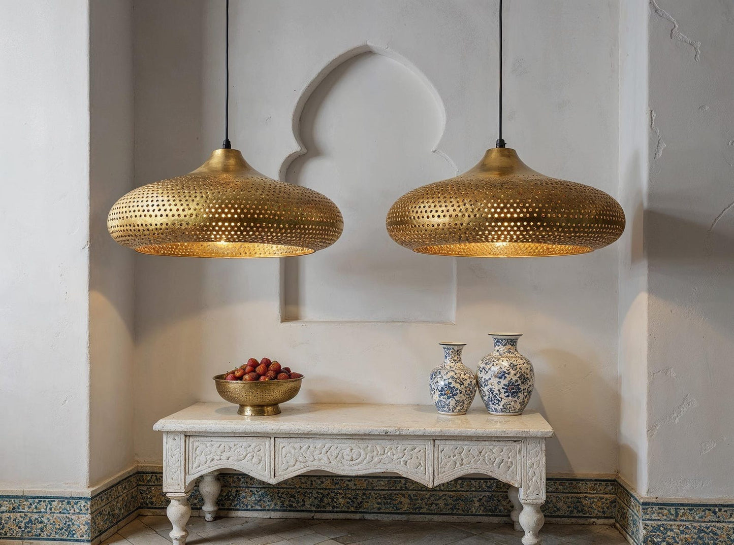 Perforated Brass Saucer Pendant Light, Handmade Moroccan Gold Brass Chandelier, Pierced Kitchen Island Hanging Lamp, Rustic Boho Farmhouse Dining Room Ceiling Light Fixture