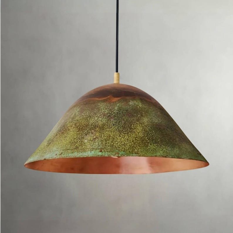 Large Green Patina Copper Pendant Light, Handmade Moroccan Copper Cone Dome Chandelier, Rustic Verdigris Kitchen Island Hanging Lamp, Boho Farmhouse Copper Ceiling Light