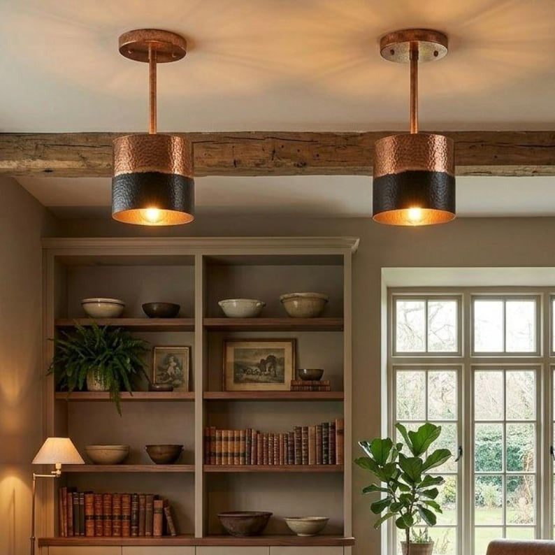 Handmade Moroccan Brass Pendant Light – Hammered Copper & Black Cylinder Ceiling Lamp, Modern Kitchen Island & Dining Room Lighting