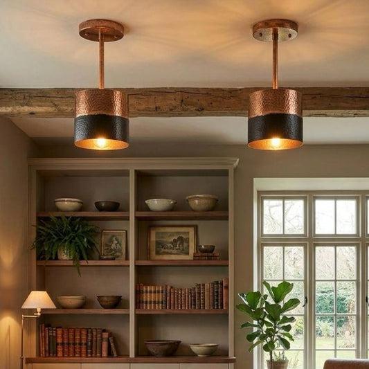 Set of 2 Handmade Moroccan Brass Pendant Lights – Hammered Copper & Black Cylinder Ceiling Lamps, Kitchen Island & Dining Room Lighting