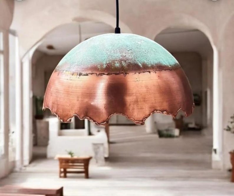 Verdigris & Copper Brass Dome Pendant Light – Handcrafted Moroccan Scalloped Kitchen Island Chandelier