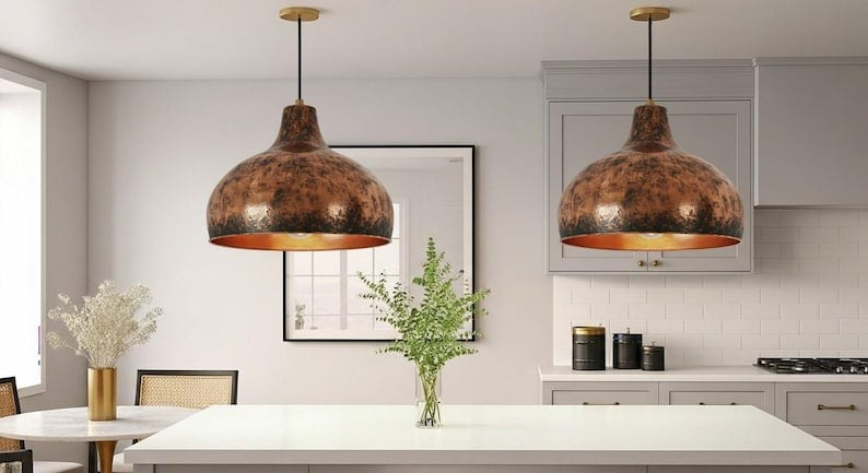 Handmade Aged Brass Pendant Light – Moroccan Rustic Copper Patina Dome Hanging Lamp for Kitchen Island, Dining Room & Boho Home Décor