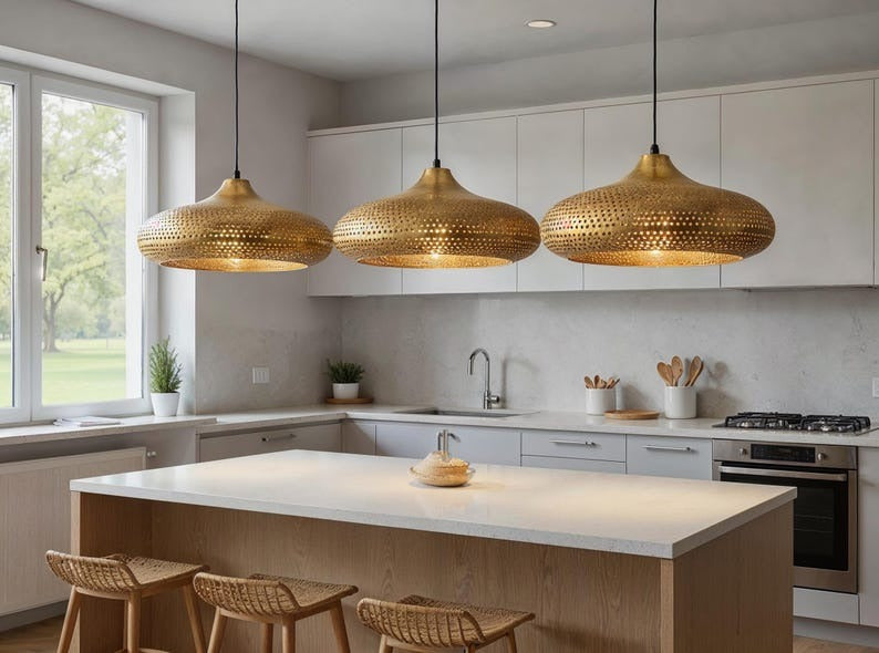 Perforated Brass Saucer Pendant Light, Handmade Moroccan Gold Brass Chandelier, Pierced Kitchen Island Hanging Lamp, Rustic Boho Farmhouse Dining Room Ceiling Light Fixture
