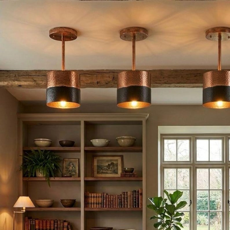 Handmade Moroccan Brass Pendant Light – Hammered Copper & Black Cylinder Ceiling Lamp, Modern Kitchen Island & Dining Room Lighting