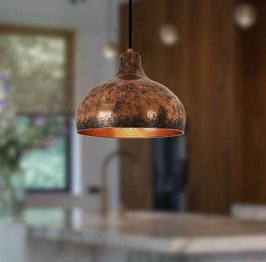 Handmade Aged Brass Pendant Light – Moroccan Rustic Copper Patina Dome Hanging Lamp for Kitchen Island, Dining Room & Boho Home Décor