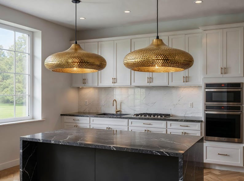 Perforated Brass Saucer Pendant Light, Handmade Moroccan Gold Brass Chandelier, Pierced Kitchen Island Hanging Lamp, Rustic Boho Farmhouse Dining Room Ceiling Light Fixture