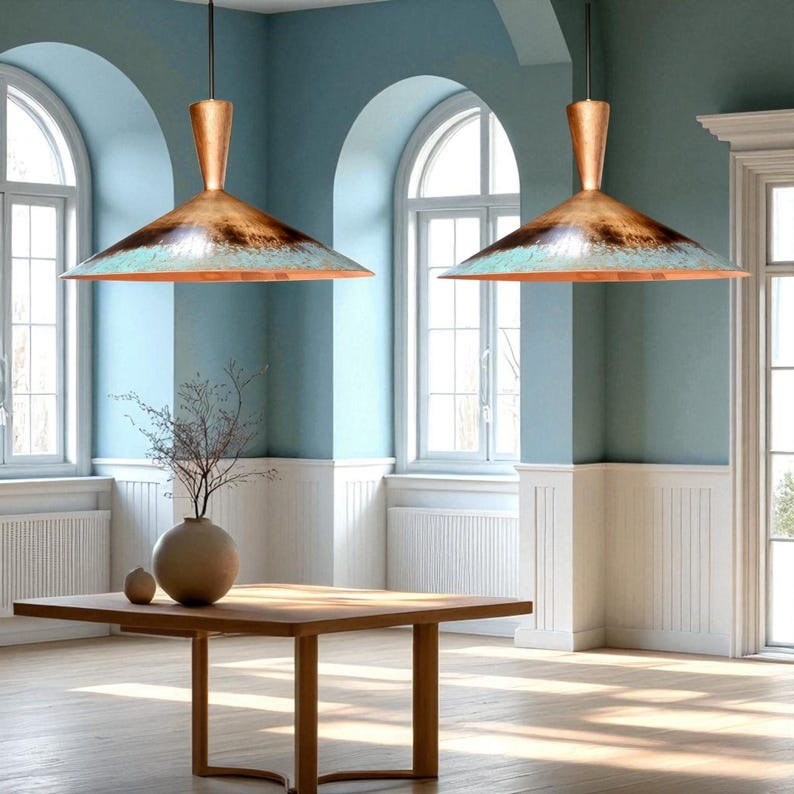 Moroccan Brass Copper and Turquoise Patina Cone Pendant Light, Handmade Brass Mid Century Hanging Lamp, Boho Rustic Kitchen Island Chandelier, Antique Brass Ceiling Light Fixture