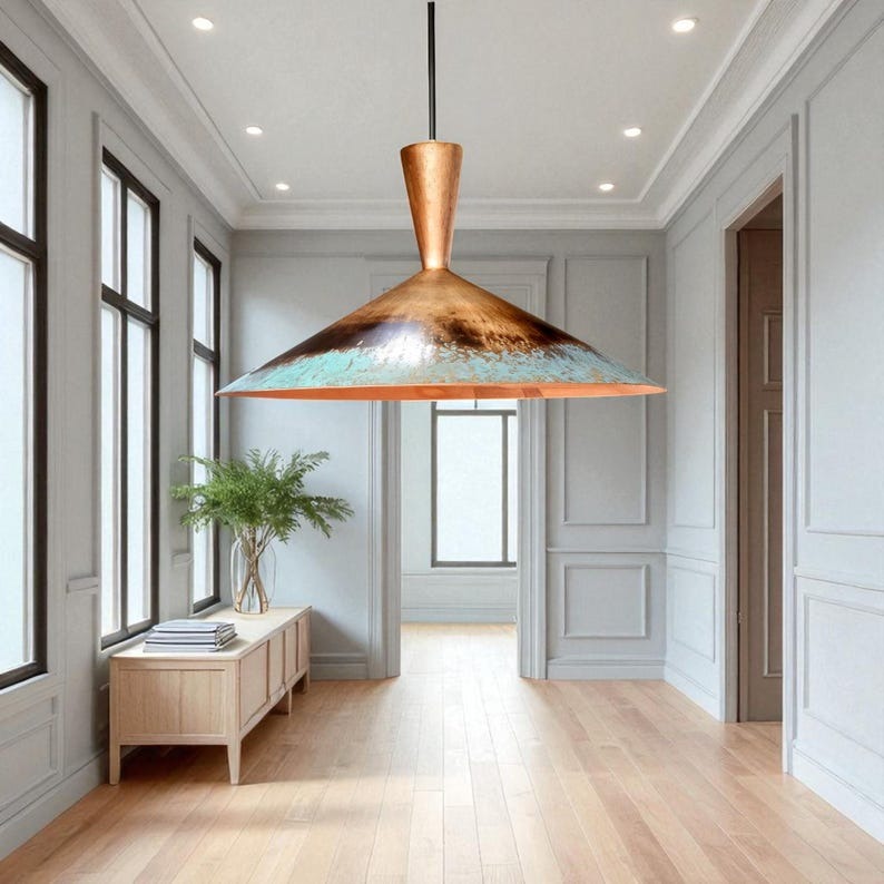 Moroccan Brass Copper and Turquoise Patina Cone Pendant Light, Handmade Brass Mid Century Hanging Lamp, Boho Rustic Kitchen Island Chandelier, Antique Brass Ceiling Light Fixture