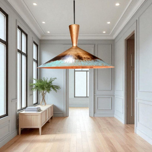 Moroccan Brass Copper and Turquoise Patina Cone Pendant Light, Handmade Brass Mid Century Hanging Lamp, Boho Rustic Kitchen Island Chandelier, Antique Brass Ceiling Light Fixture