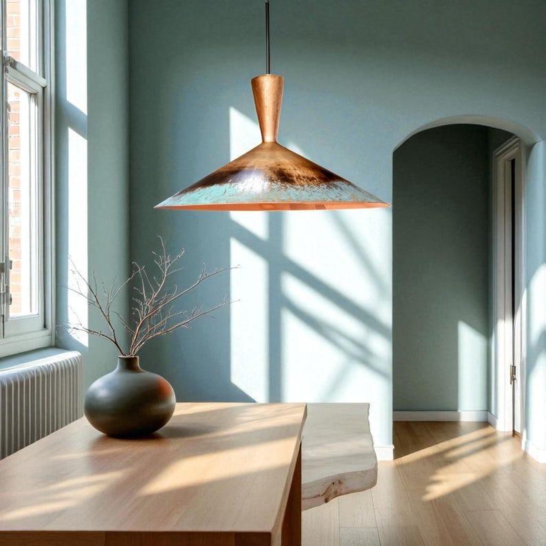 Moroccan Brass Copper and Turquoise Patina Cone Pendant Light, Handmade Brass Mid Century Hanging Lamp, Boho Rustic Kitchen Island Chandelier, Antique Brass Ceiling Light Fixture