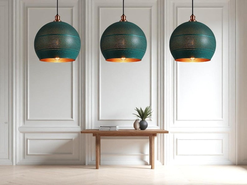 Moroccan Brass Teal Patina Globe Pendant Light, Handmade Pierced Brass Kitchen Island Hanging Lamp, Boho Rustic Blue Green Chandelier, Copper Interior Brass Ceiling Light Fixture