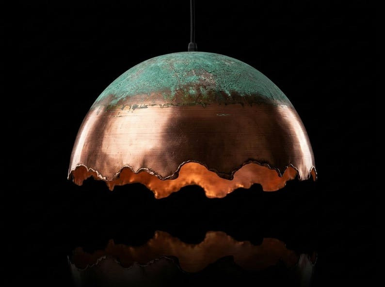 Verdigris & Copper Brass Dome Pendant Light – Handcrafted Moroccan Scalloped Kitchen Island Chandelier