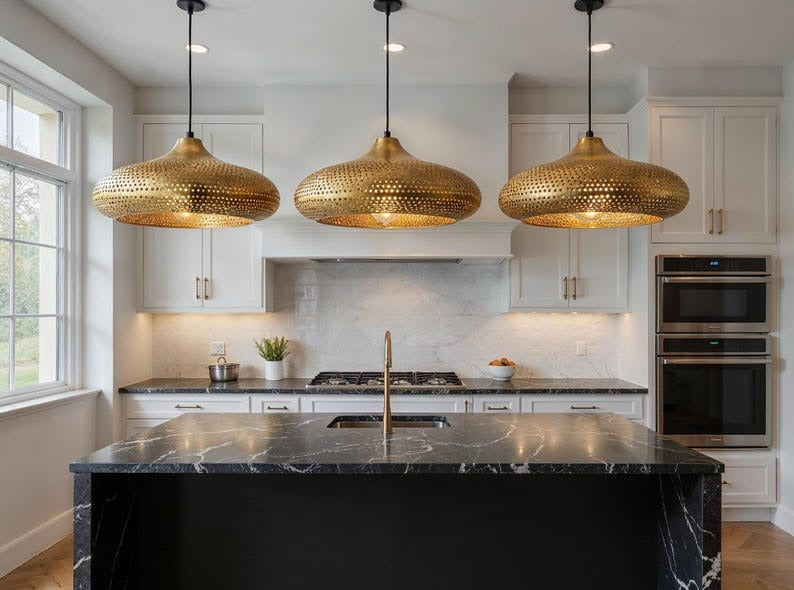 Perforated Brass Saucer Pendant Light, Handmade Moroccan Gold Brass Chandelier, Pierced Kitchen Island Hanging Lamp, Rustic Boho Farmhouse Dining Room Ceiling Light Fixture
