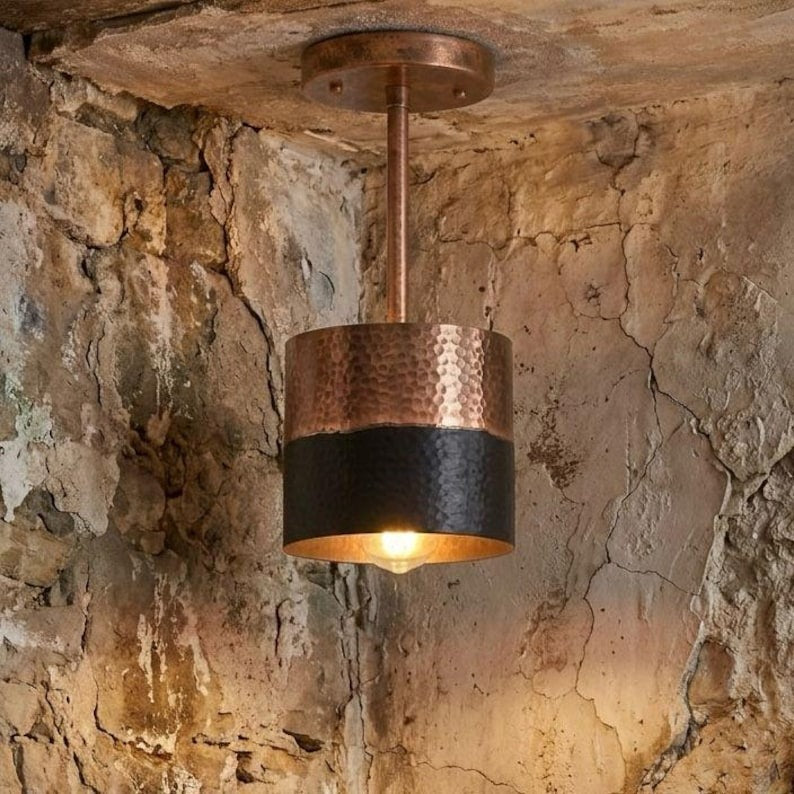 Handmade Moroccan Brass Pendant Light – Hammered Copper & Black Cylinder Ceiling Lamp, Modern Kitchen Island & Dining Room Lighting
