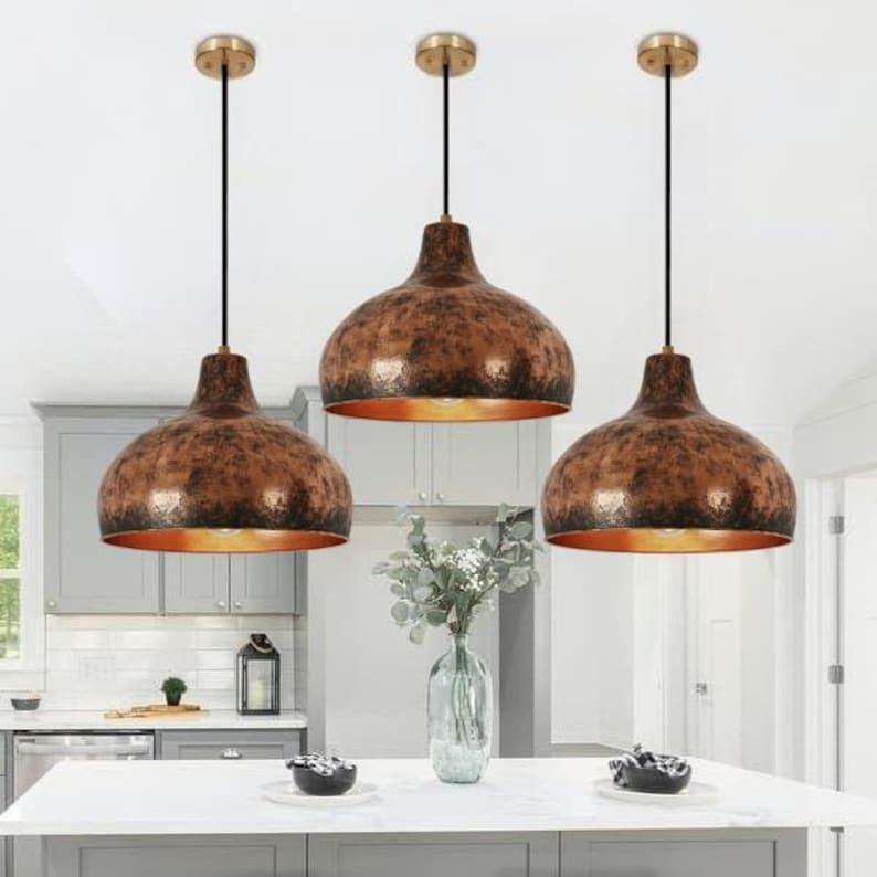 Handmade Aged Brass Pendant Light – Moroccan Rustic Copper Patina Dome Hanging Lamp for Kitchen Island, Dining Room & Boho Home Décor