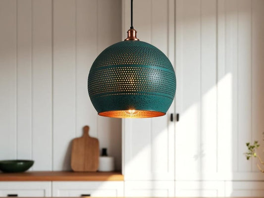 Moroccan Brass Teal Patina Globe Pendant Light, Handmade Pierced Brass Kitchen Island Hanging Lamp, Boho Rustic Blue Green Chandelier, Copper Interior Brass Ceiling Light Fixture